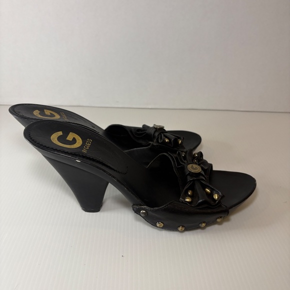 Vintage G By Guess Open Toe Mule/Heels Size 7.5M Leather Bow Gold Accents - Picture 8 of 16